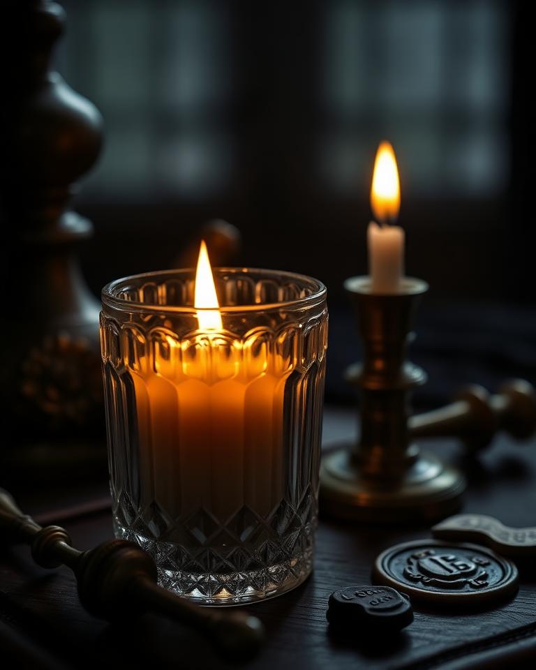 Lit candle in an antique crystal vessel
