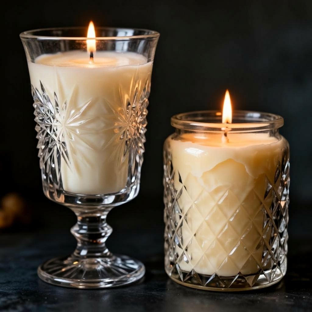 The same two crystal vessels filled with hand poured soy wax candles, lit
